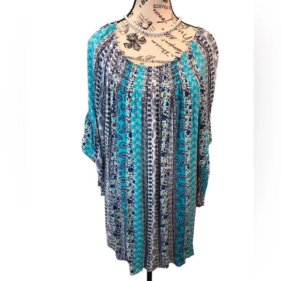 Terra & Sky SZ 1X Turquoise Blue And White Blouse Floral Paisley Smocked - Picture 1 of 5